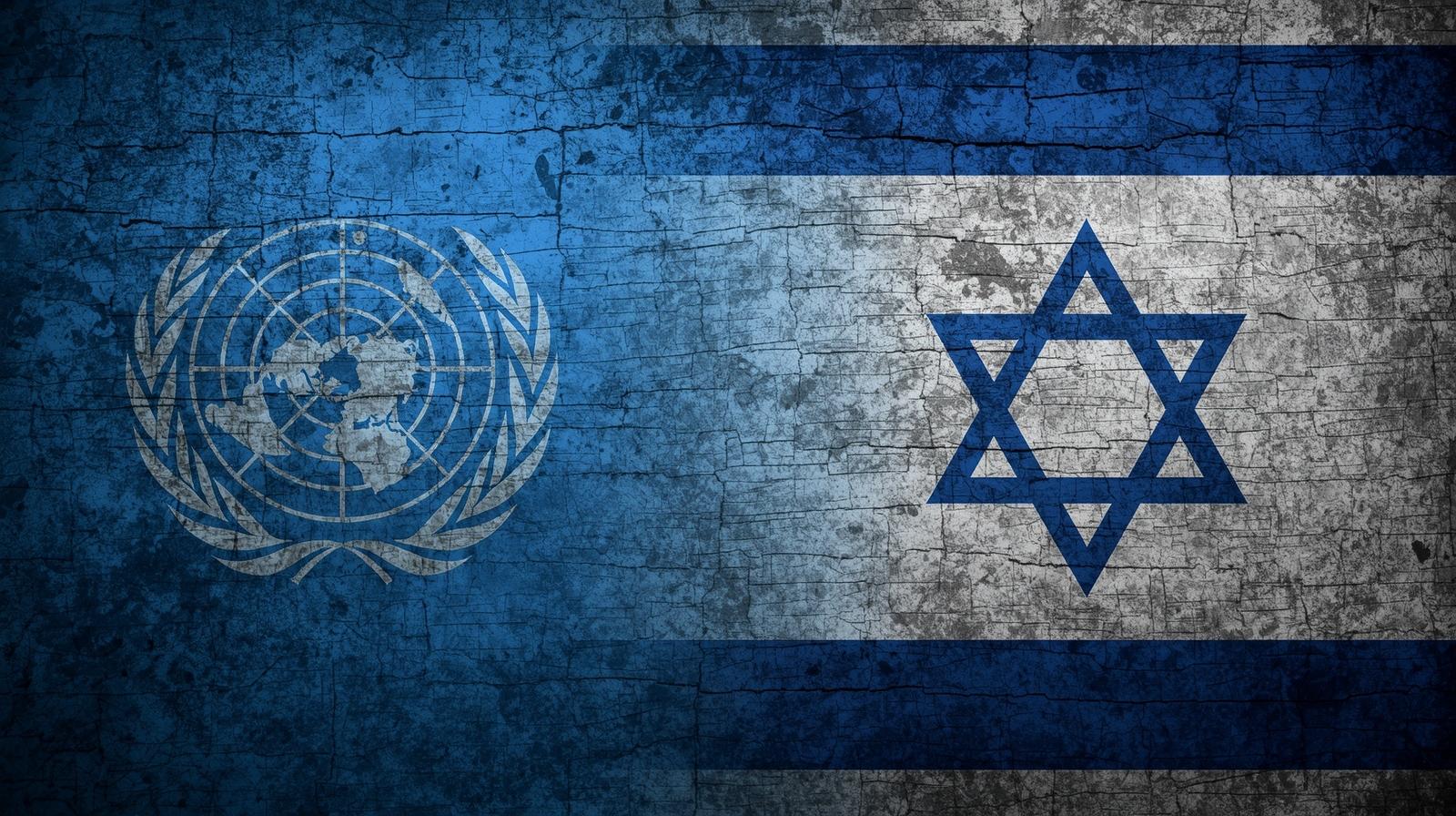 create a horizontal picture, which includes the flag of the UN, the logo of UNRWA and the flag of israel. make it for a serious post.