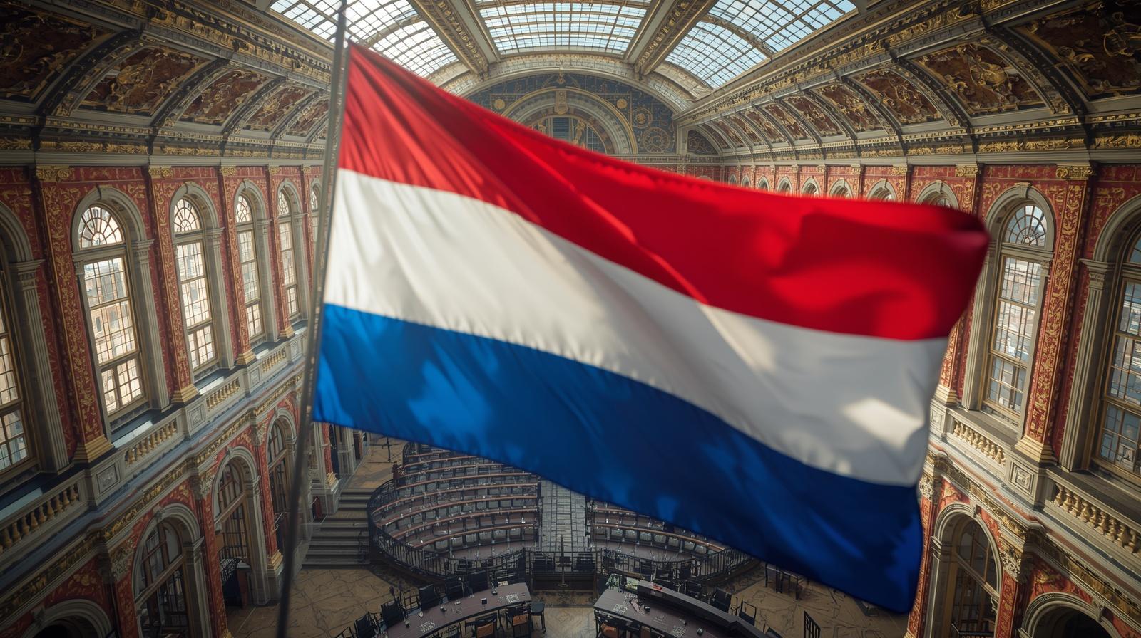 Create an image that includes the Dutch flag, the Peace Palace in the Hague from the inside